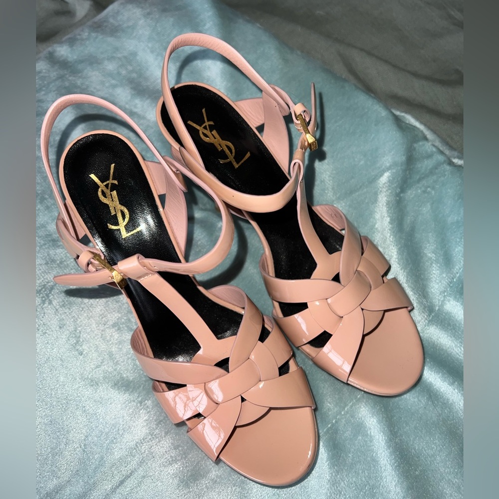 YSL tribute platform sandals in nude rose patent, size 40